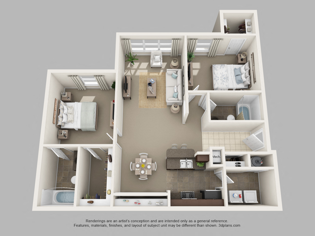 Floor plan for 2 beds, 2 baths, 1079 sqft